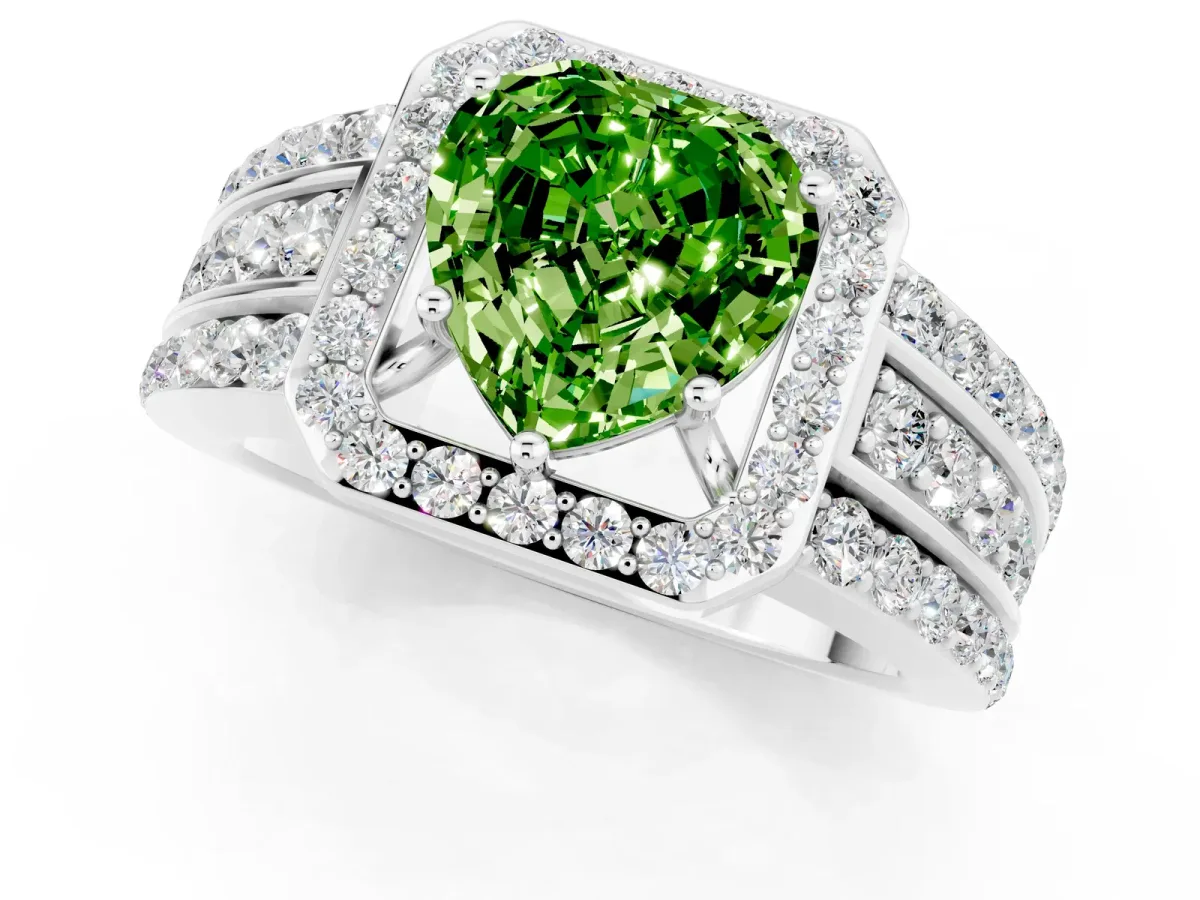 Heart Cut Halo Peridot Ring with Round Split Shank and Prong Setting Platinum