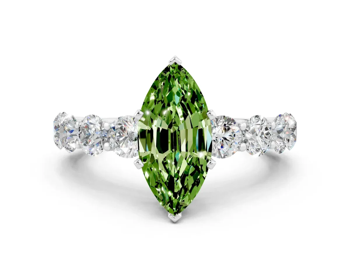 Marquise Cut Peridot Prong Setting with Side Stones on a Pave Band Silver