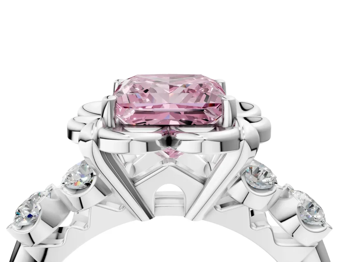 Fancy Pink Princess Cut Cut Diamond Floral Halo Engagement Ring with Shared Prong Setting Silver