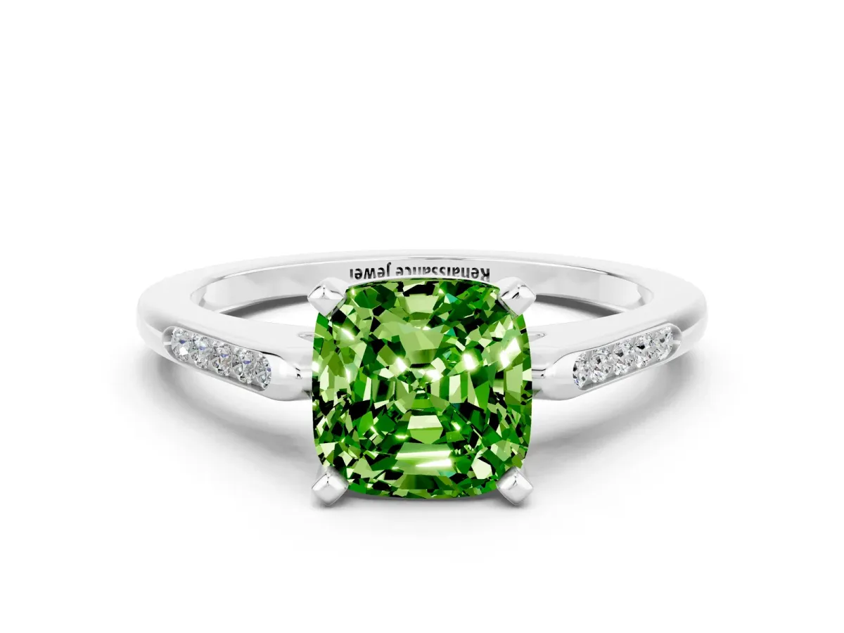 Cushion Cut Peridot Solitaire Ring with Channel Set Round Band and Prong Setting Silver