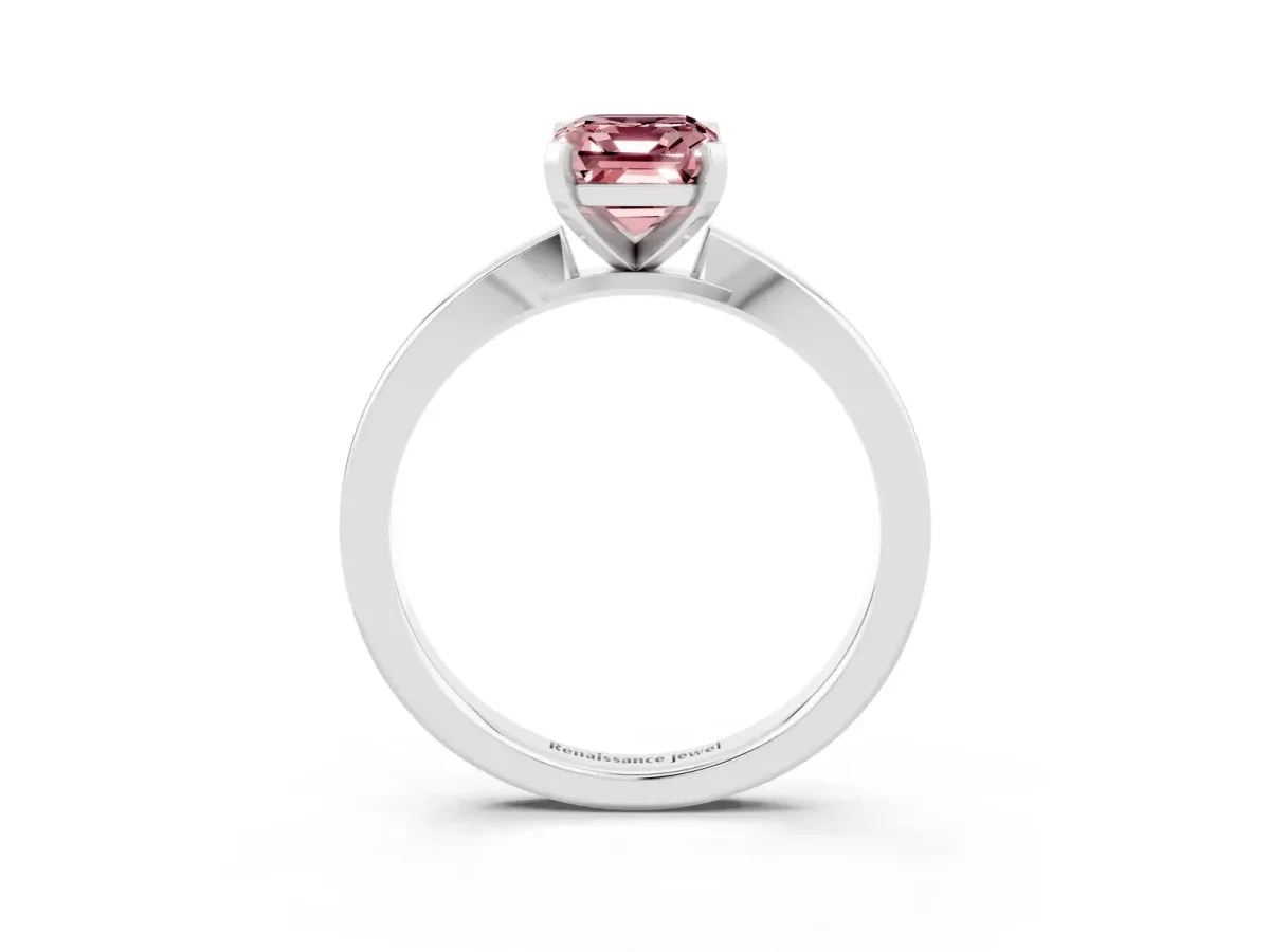 Emerald Cut Morganite Solitaire Engagement Ring with Classic Band and Four-Prong Setting Silver