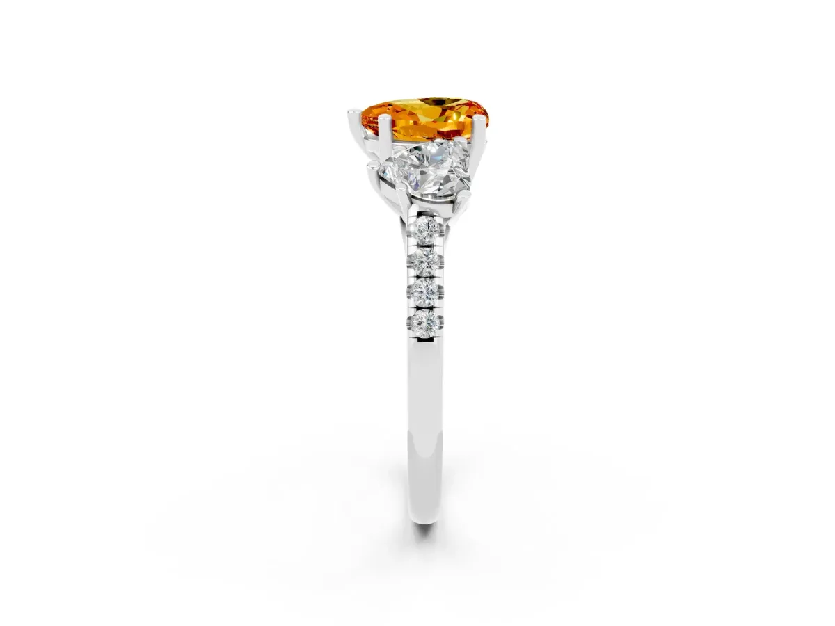 Three-Stone Heart Cut Citrine Ring with Round Pavé Band and Prong Setting Silver