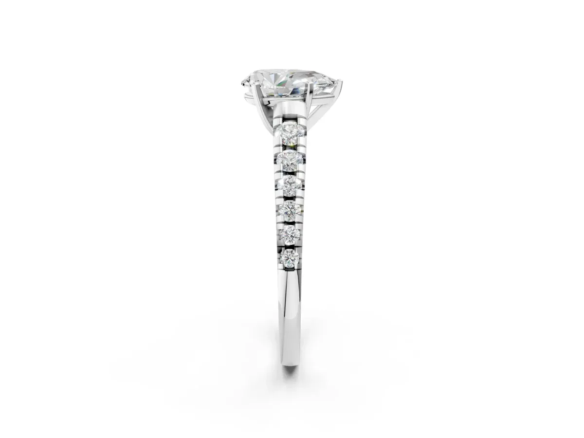 Pear Cut Diamond Cathedral Solitaire Ring with Round Moissanite Pavé Band Silver