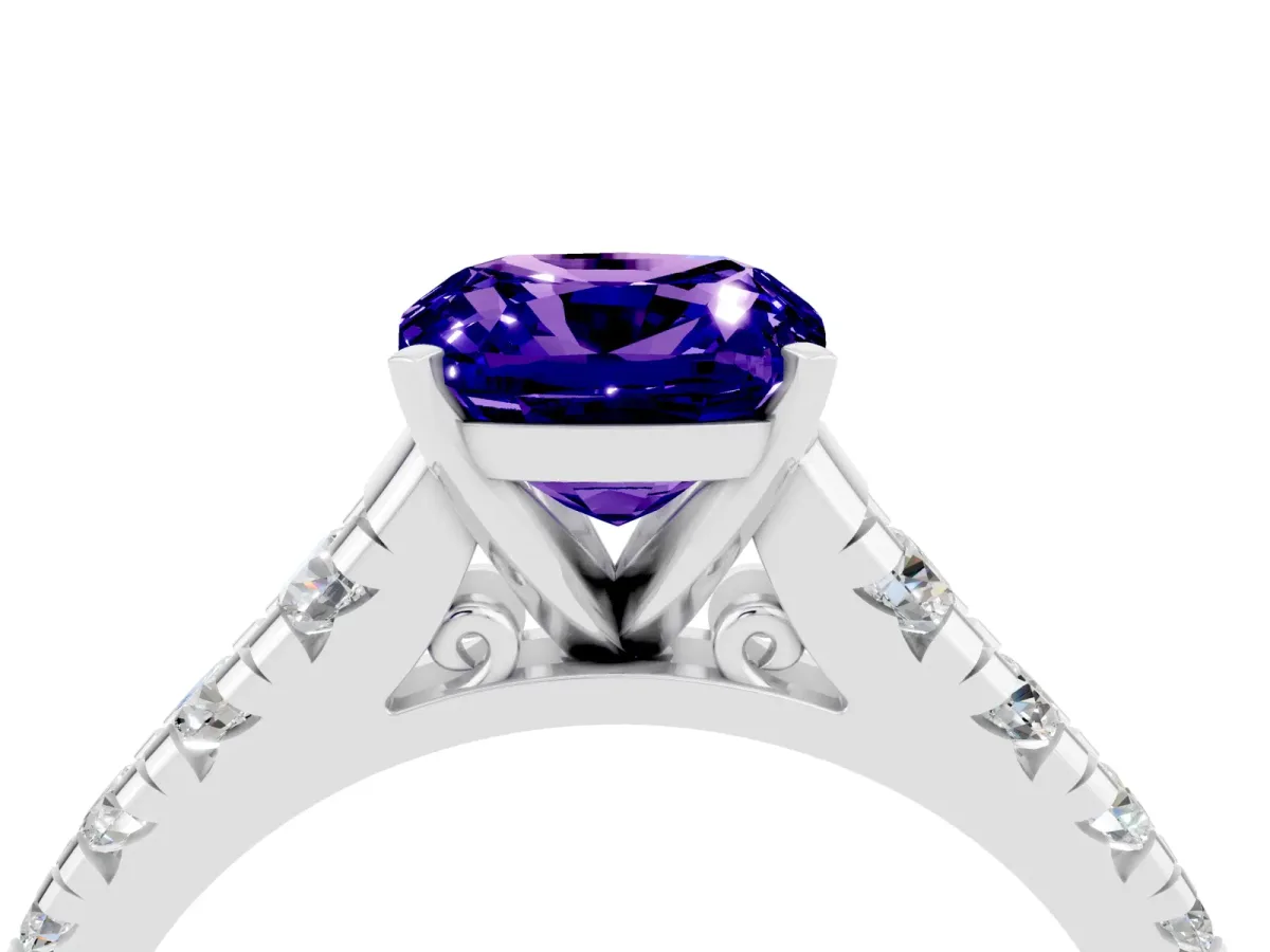 Cushion Cut Tanzanite Cathedral Solitaire Ring with Round Pavé Band Silver