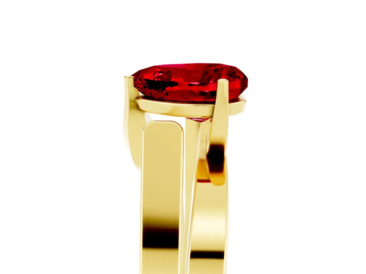 Modern Tension Set Heart Cut Ruby Solitaire Wide Band Ring Yellow gold