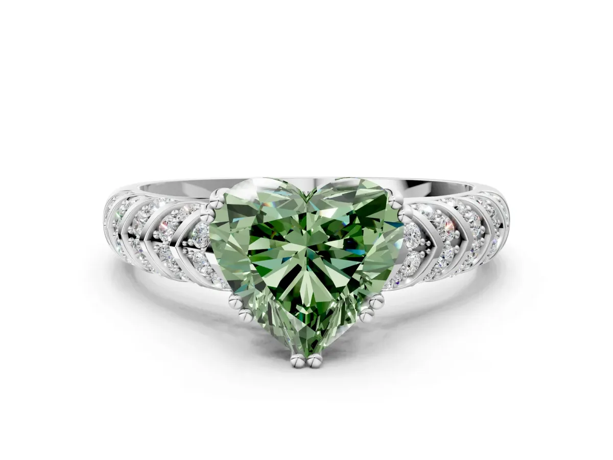 Fancy Green Heart Cut Solitaire Chevron Pave Diamond Engagement Ring with Six-Prong Setting Platinum