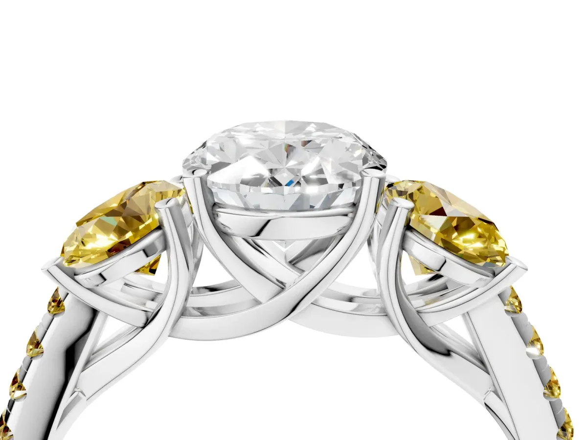 Three-Stone Oval Cut Diamond Ring with Round Yellow Sapphire Pavé Band and Prong Setting Silver