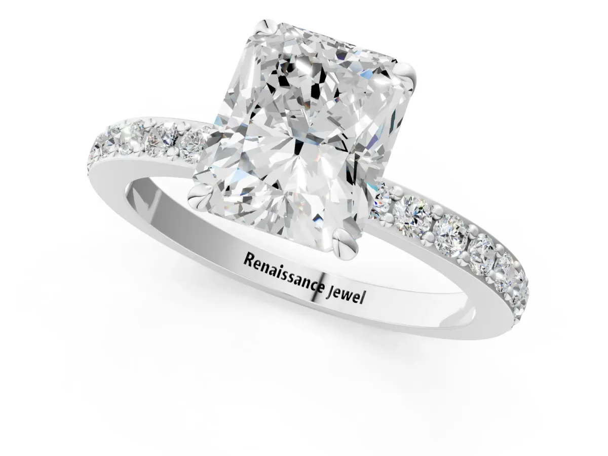 Radiant Cut Diamond Solitaire Engagement Ring with Pavé Band and Four-Prong Setting Silver