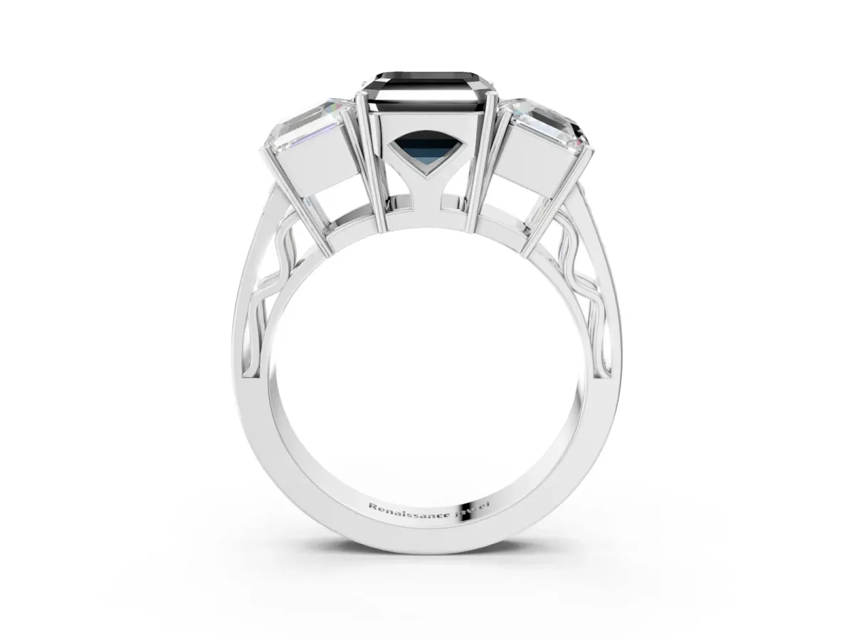 Fancy Black Asscher Cut Diamond Three-Stone Ring with Prong Setting and Textured Band Platinum