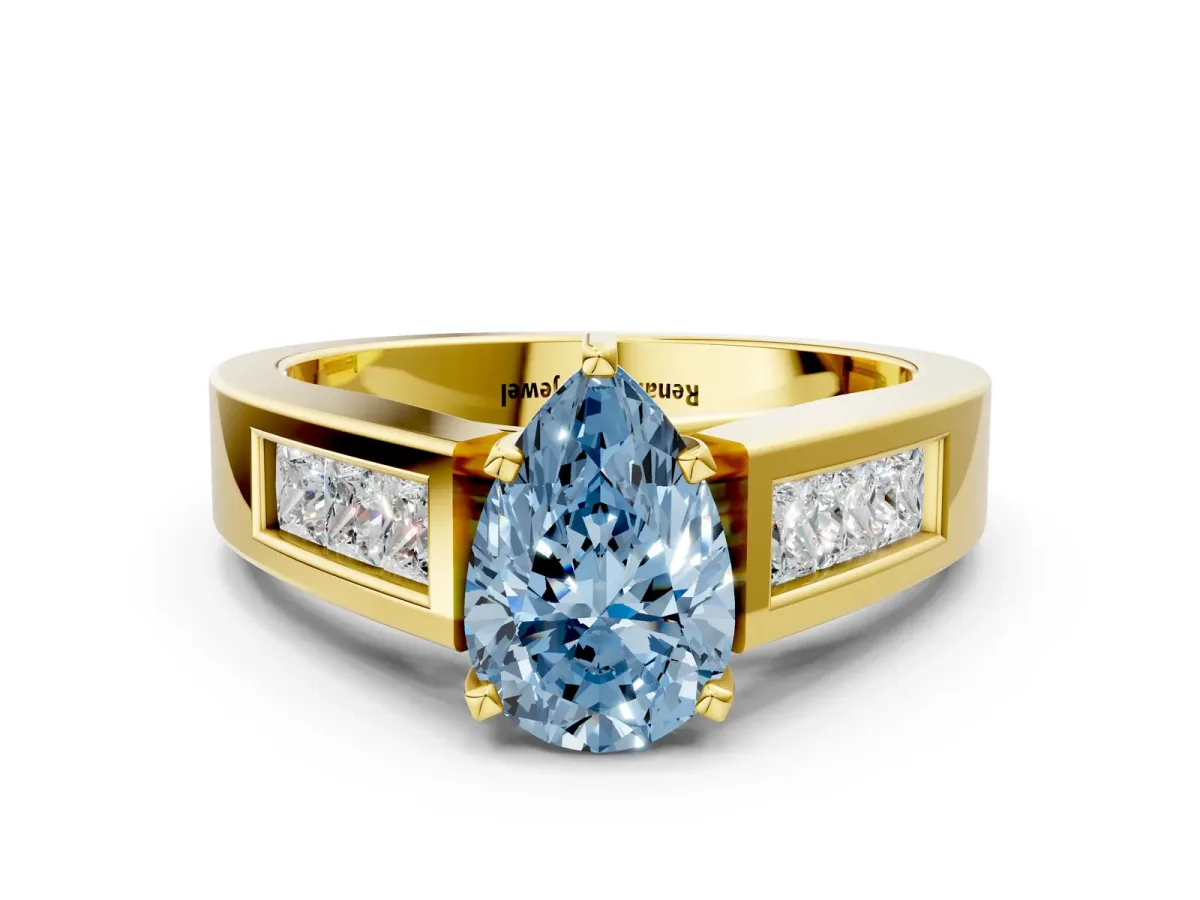Fancy Blue Pear Cut Cut Channel Set Solitaire Ring with Four-Prong Setting Yellow gold
