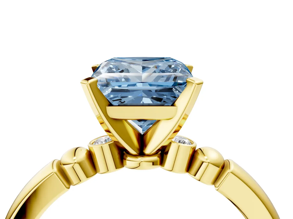 Fancy Blue Princess Cut Solitaire Beaded Band with Four-Prong Setting Yellow gold