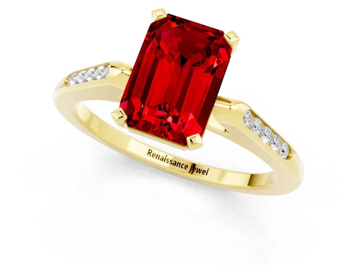 Emerald Cut Ruby Solitaire Ring with Channel Set Round Band and Prong Setting Yellow gold