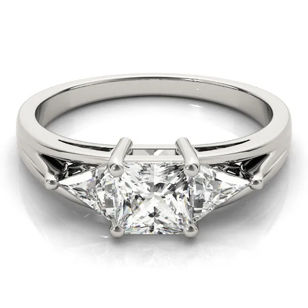 Three-Stone Princess Cut Cut Diamond Ring with Trillion Side Stones on a Split Shank Band Silver