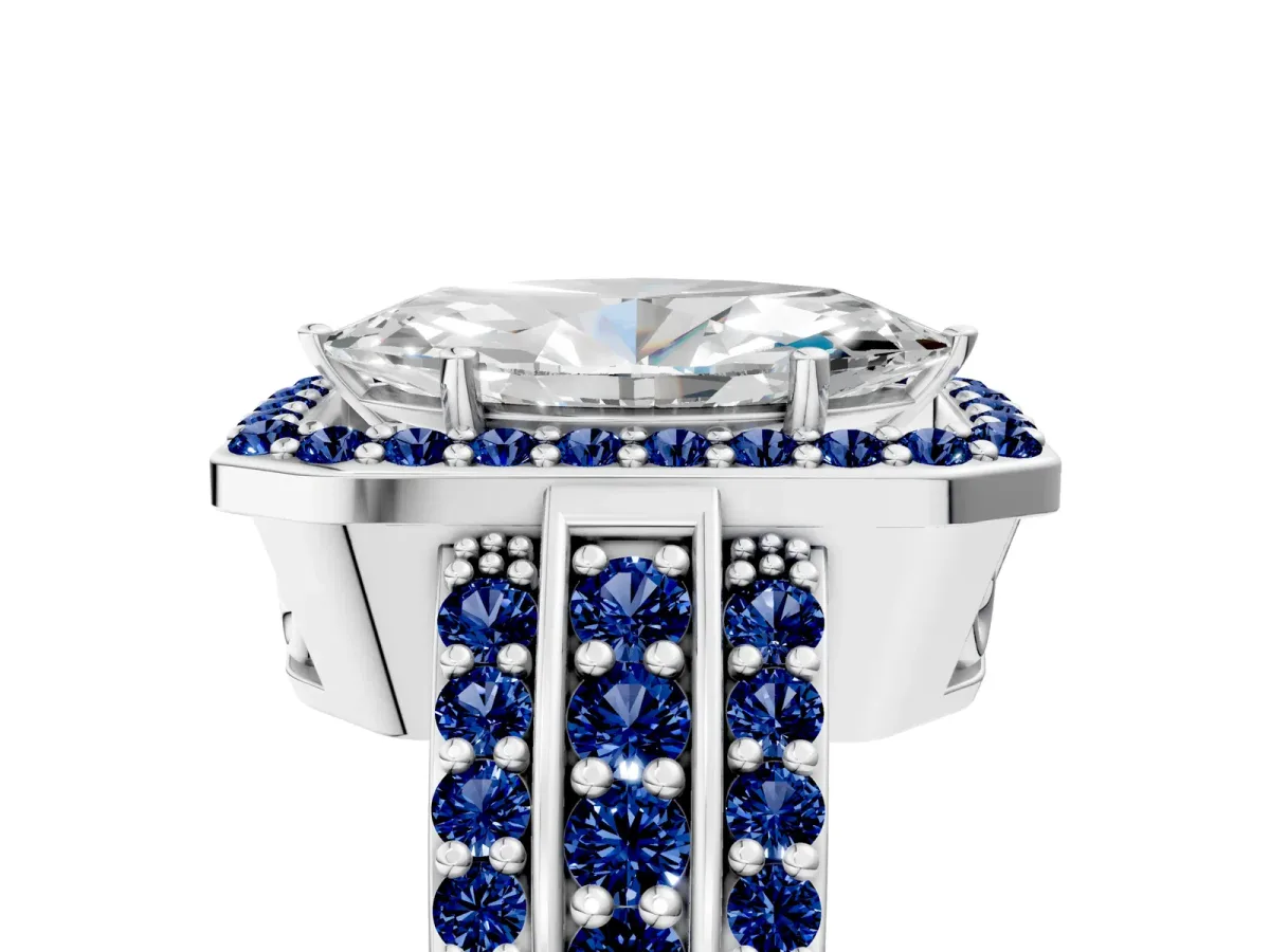 Marquise Cut Halo Diamond Ring with Round Blue Sapphire Split Shank and Prong Setting Silver