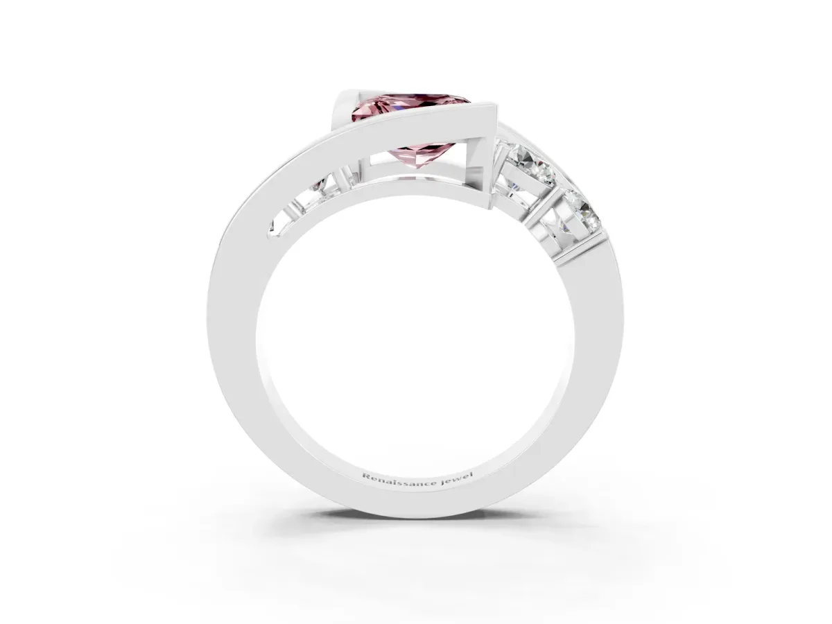 Bezel Set Princess Cut Morganite Bypass Ring with Round Accents Silver