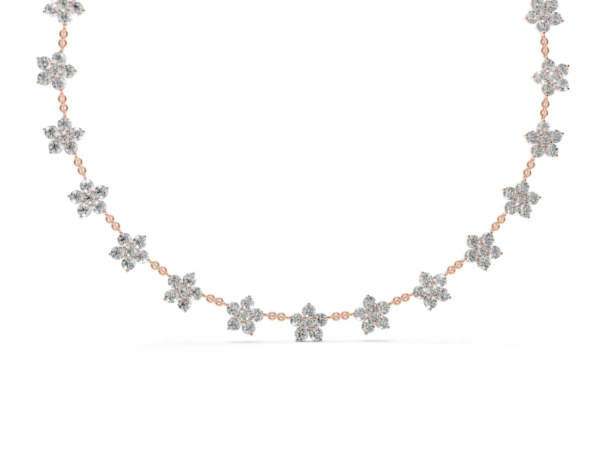 Round Diamond Floral Station Necklace with Diamond Accents Rose gold