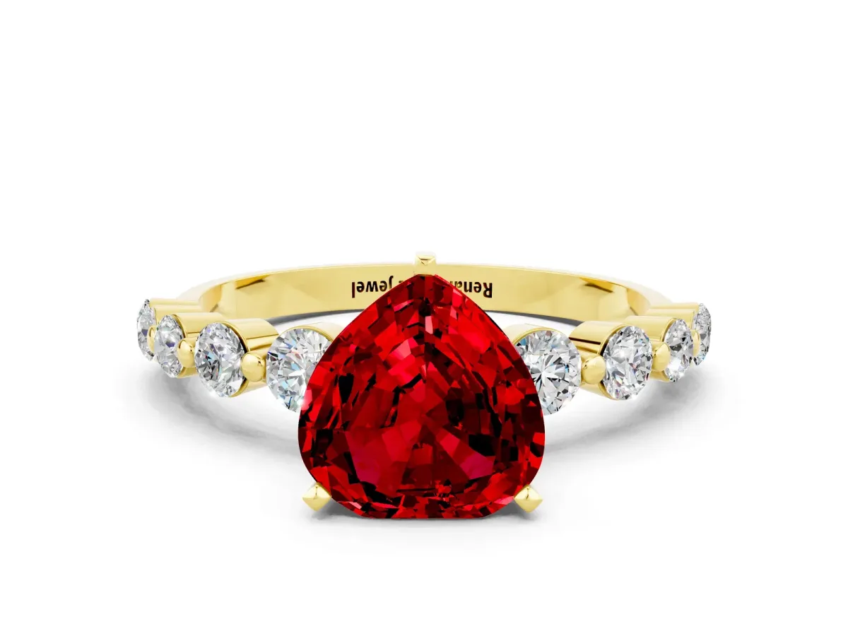 Heart Cut Solitaire Ruby Ring with Pave Band and Four-Prong Setting Yellow gold