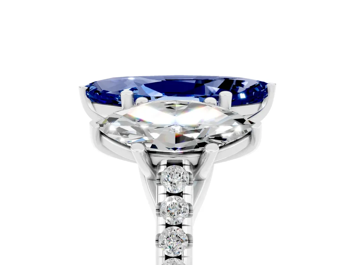 Three-Stone Marquise Cut Blue Sapphire Ring with Round Pavé Band and Prong Setting Silver