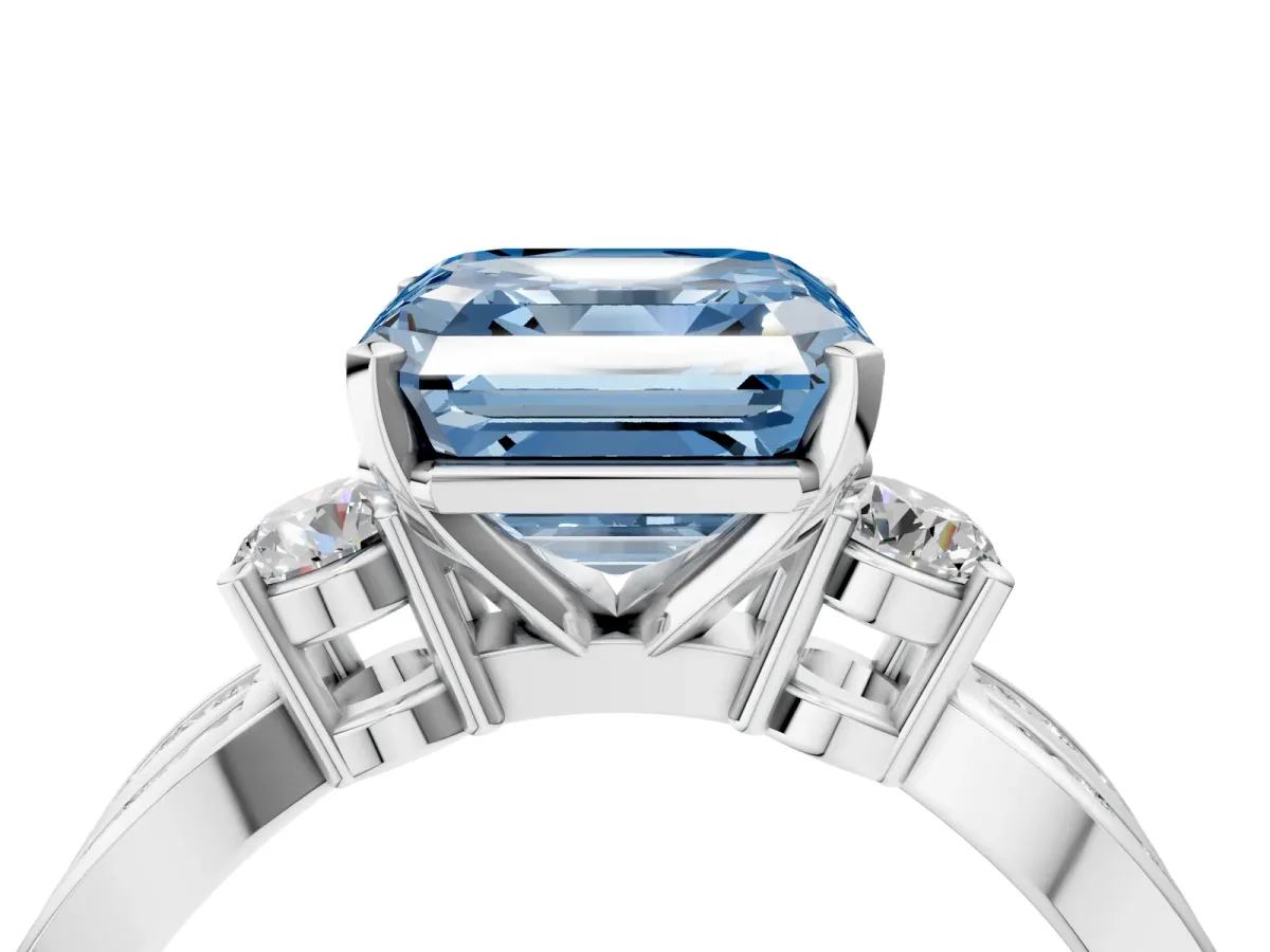 Fancy Blue Three-Stone Asscher Cut Cut Diamond Twist Band with Prong Setting Platinum