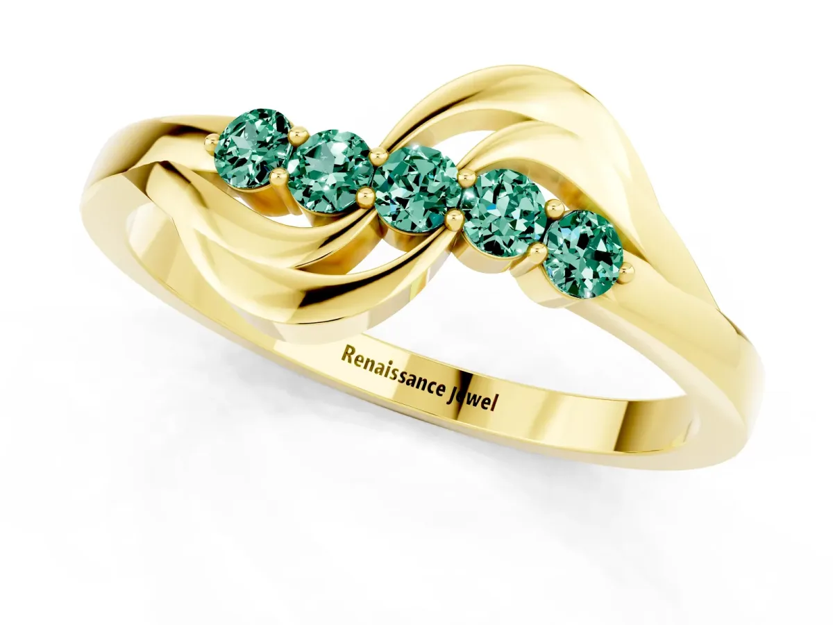 Five-Stone Round Green Sapphire Crossover Band with Prong Setting Yellow gold