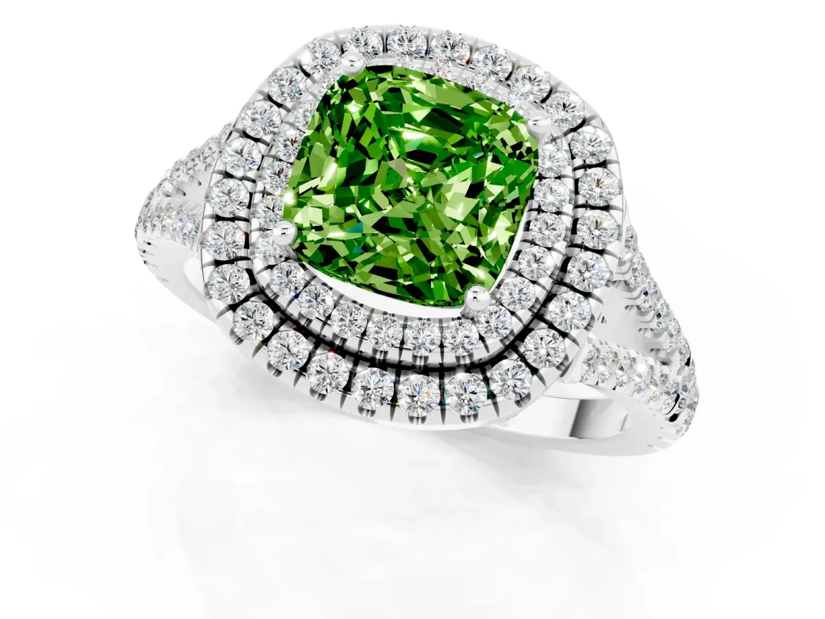 Cushion Cut Peridot Double Halo Ring with Pavé Band and Prong Setting Platinum