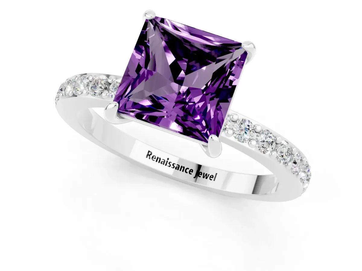 Princess Cut Amethyst Solitaire Engagement Ring with Pavé Band and Four-Prong Setting Silver