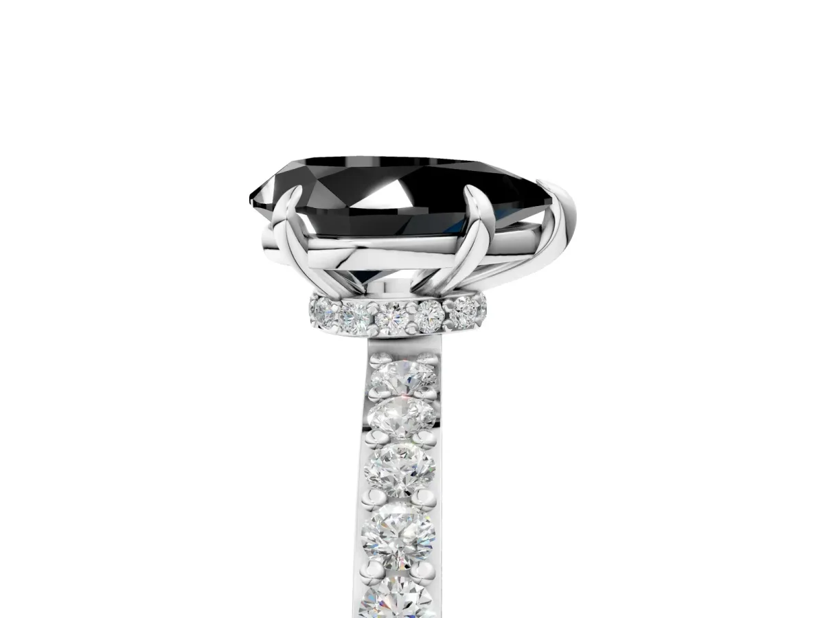 Fancy Black Pear Cut Diamond Solitaire Engagement Ring with Pavé Band and Four-Prong Setting Silver