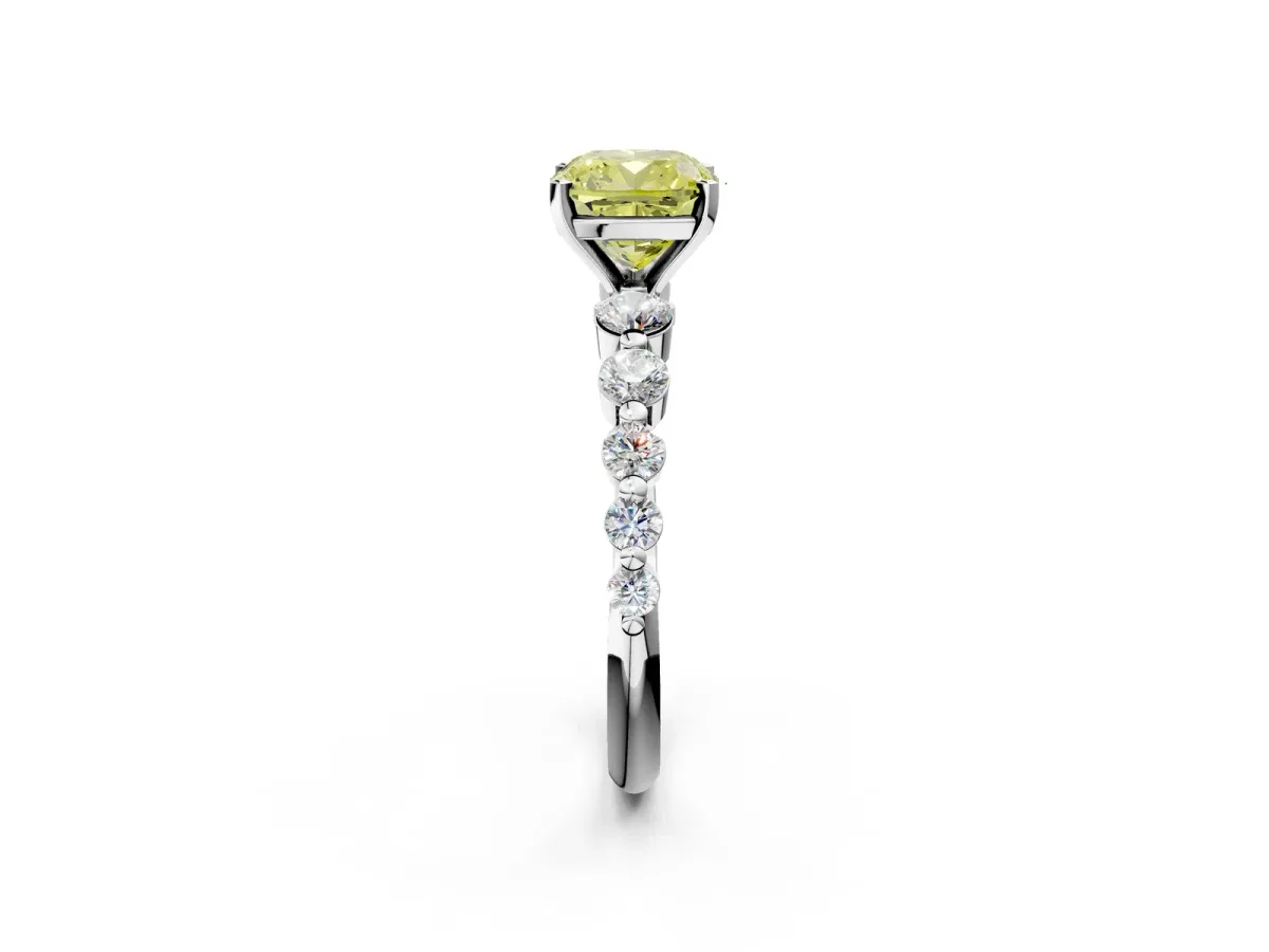 Fancy Yellow Cushion Cut Solitaire Diamond Ring with Pave Band and Four-Prong Setting Silver