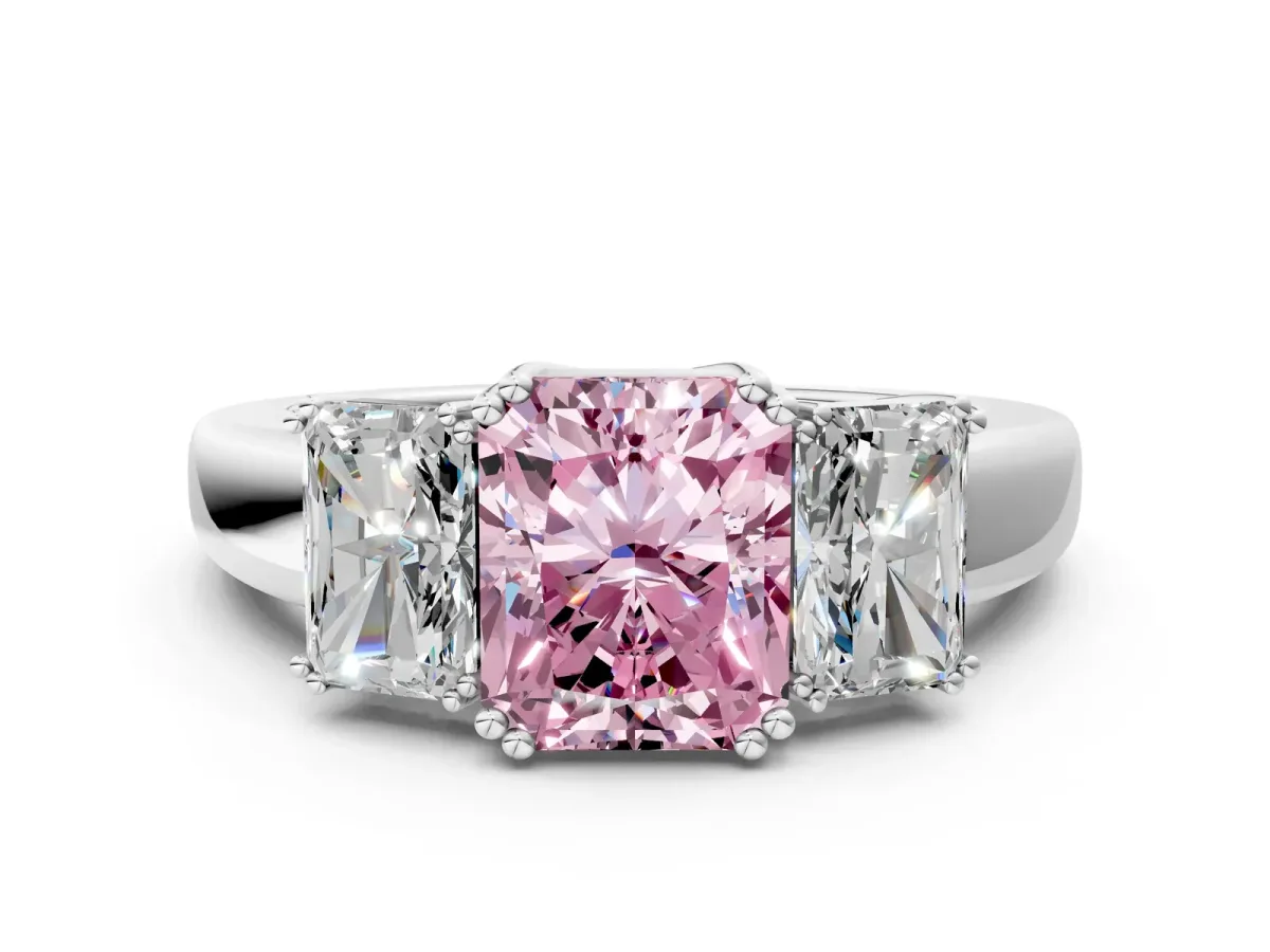 Fancy Pink Three-Stone Radiant Cut Cut Diamond Ring with Channel Set Band and Four-Prong Setting Silver