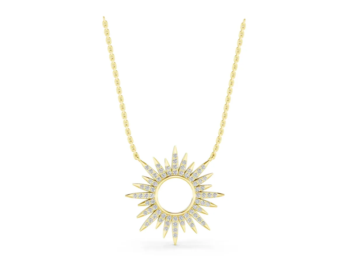 Round Cut Diamond Sunburst Pendant with Pavé Setting Yellow gold