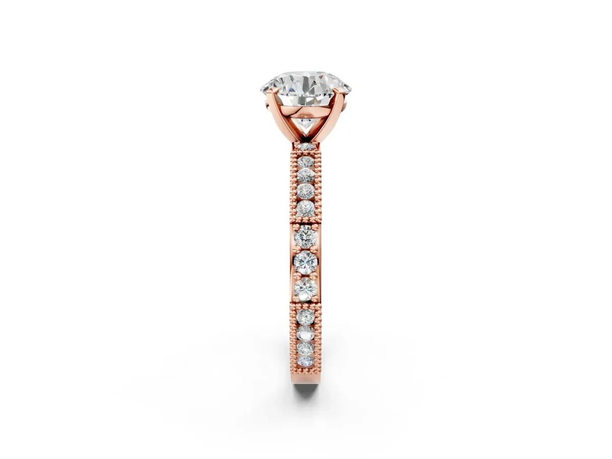 Round Cut Solitaire with Pavé Band and Four-Prong Setting Rose gold