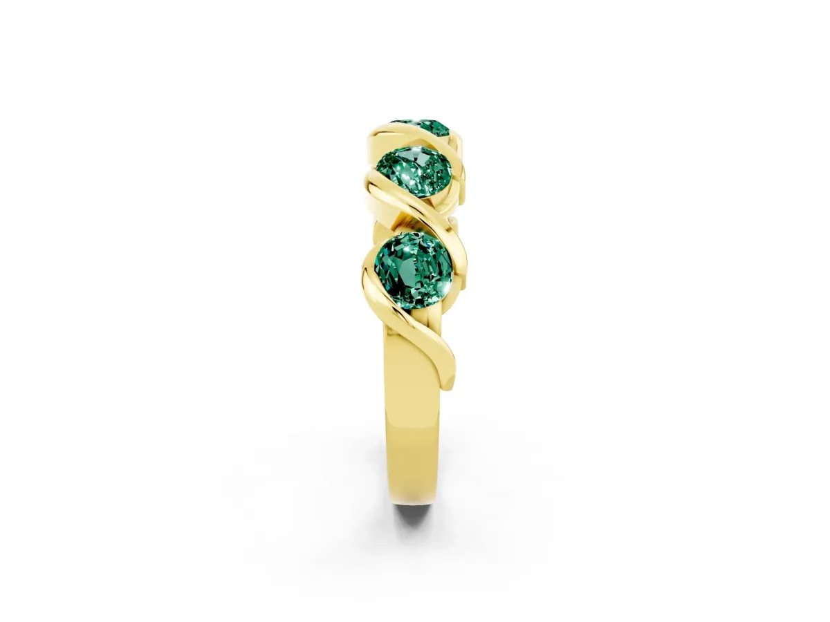 Round Green Sapphire Wave Band with Channel Setting and Shared Prongs Yellow gold
