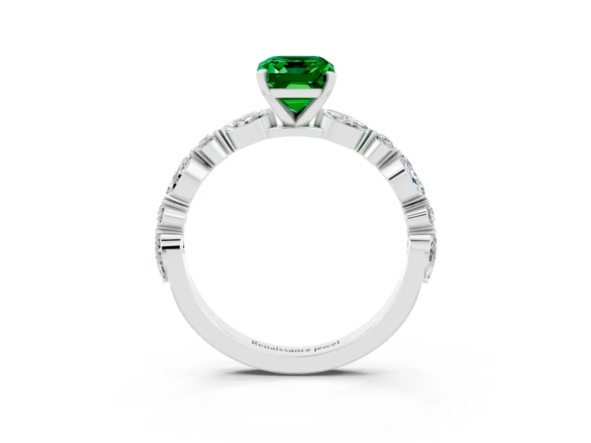 Emerald Cut Emerald Ring with Marquise and Round Side Stones and Four-Prong Setting Silver