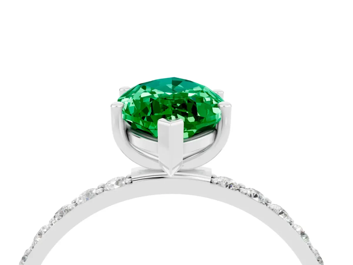 Marquise Cut Emerald Solitaire Ring with Round Pavé Band and Prong Setting Silver