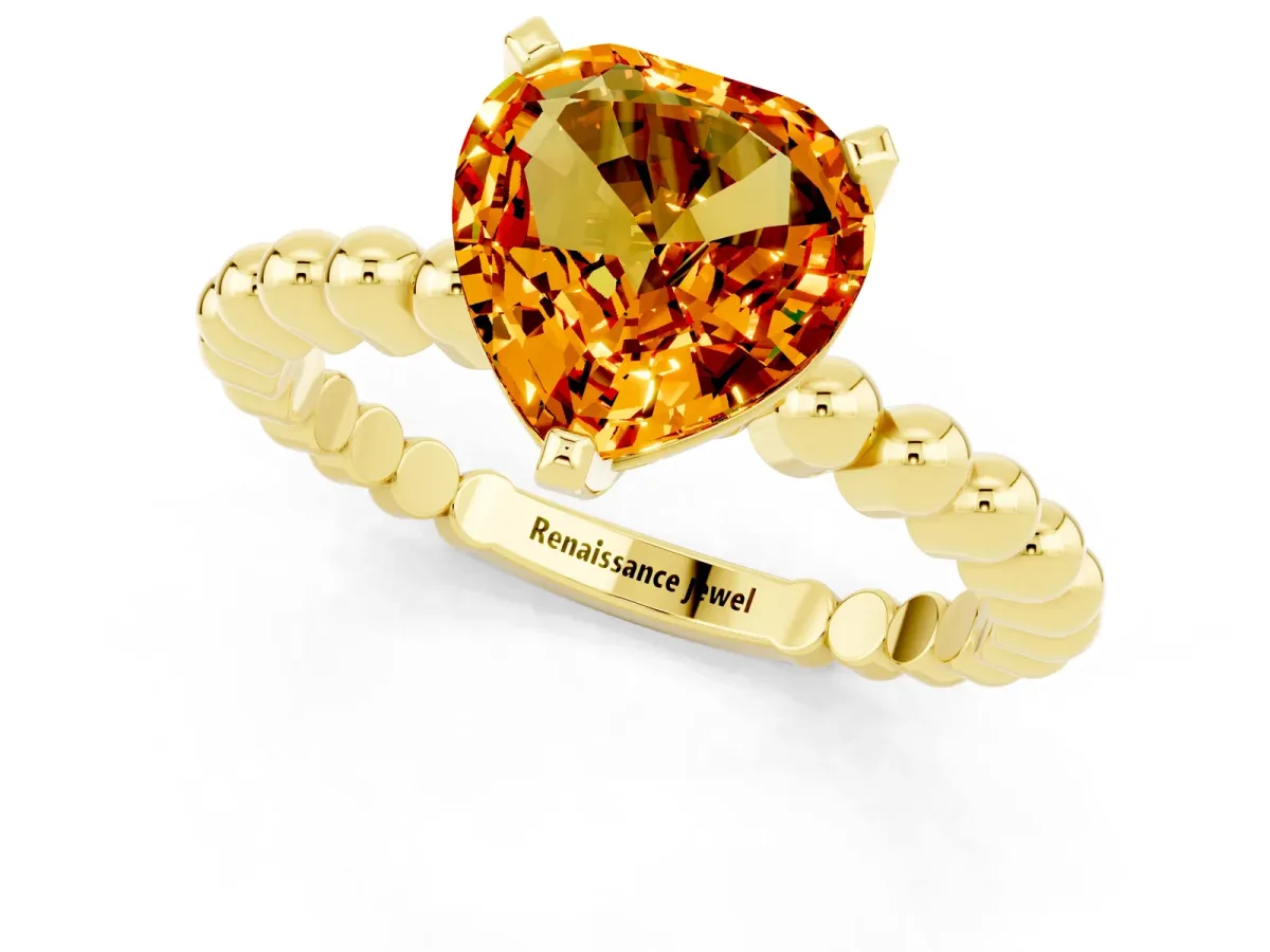 Heart Cut Citrine Solitaire Ring with Beaded Band and Prong Setting Yellow gold