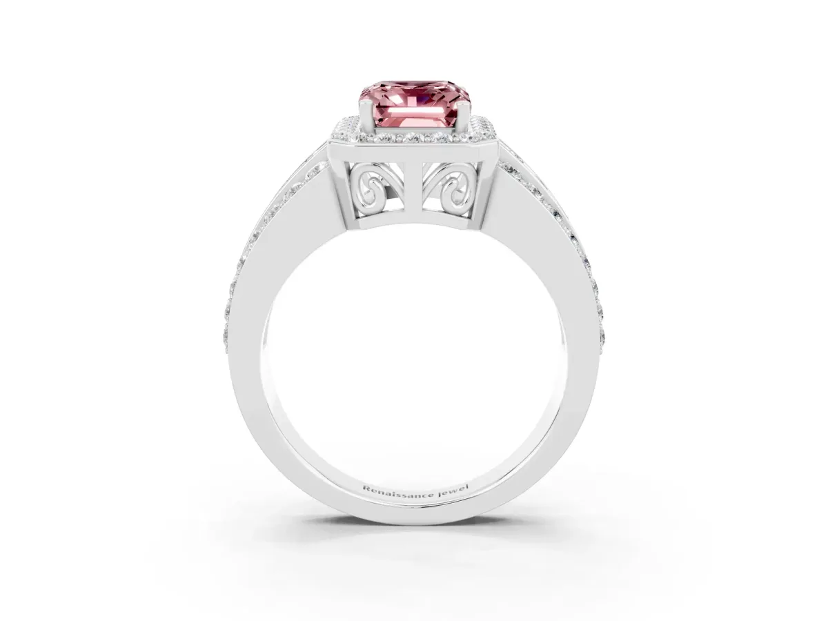 Emerald Cut Halo Morganite Ring with Round Split Shank and Prong Setting Platinum