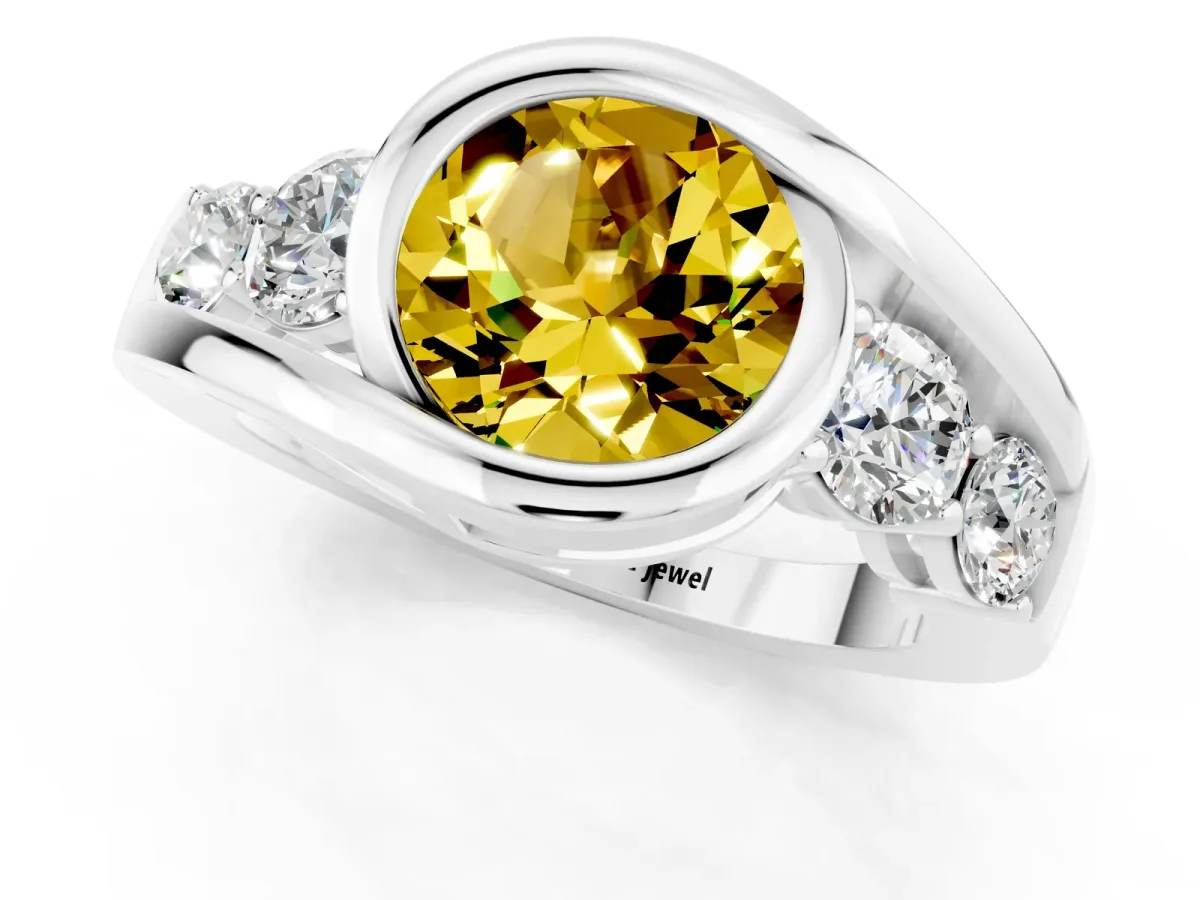Bezel Set Round Cut Yellow Sapphire Bypass Ring with Round Accents Silver