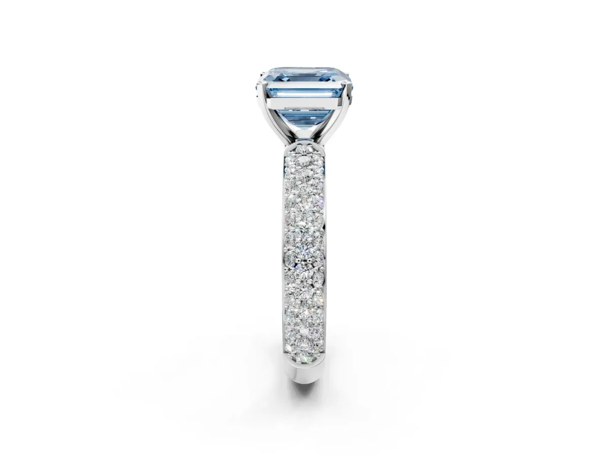 Fancy Blue Asscher Cut Diamond Solitaire Ring with Prong Setting and Pavé Band Platinum