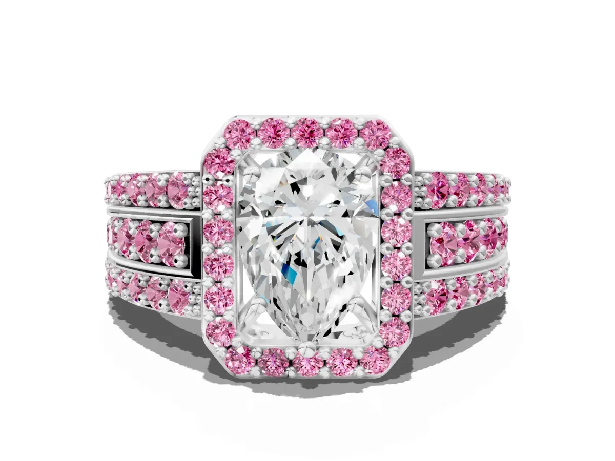 Pear Cut Halo Diamond Ring with Round Pink Sapphire Split Shank and Prong Setting Silver