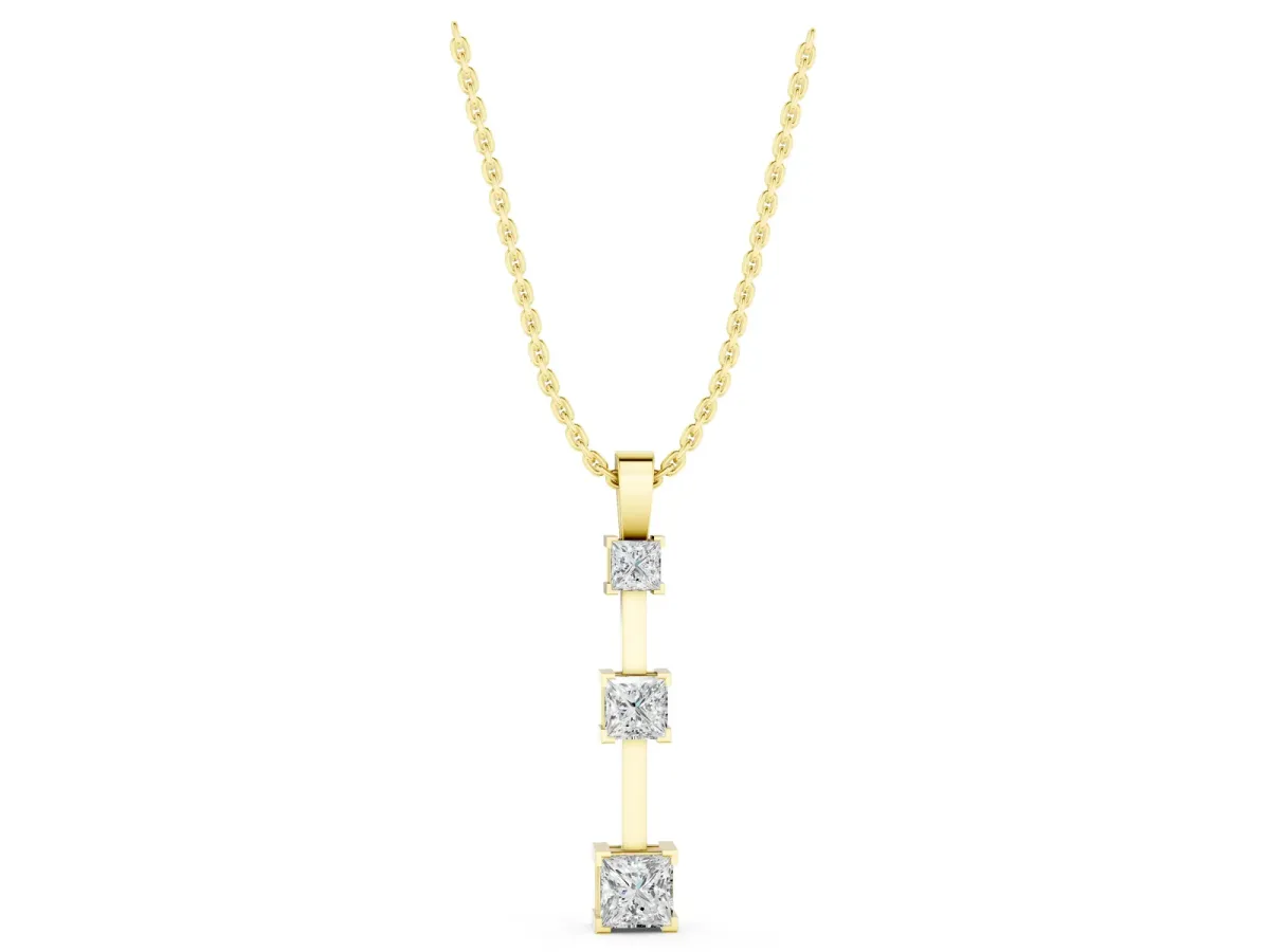 Three-Stone Princess Cut Prong Set Pendant Yellow gold