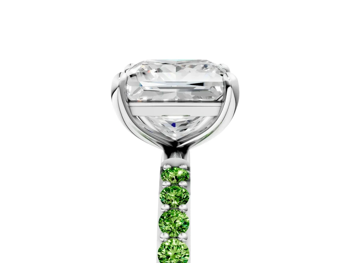 Princess Cut Diamond Solitaire Ring with Round Peridot Pavé Band and Prong Setting Silver