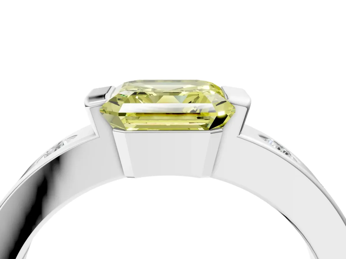 Fancy Yellow Asscher Cut Brilliant Channel-Set Diamond Ring with Bezel Prong Setting Platinum