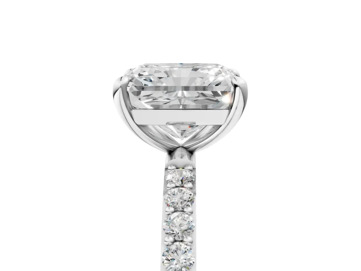 Radiant Cut Diamond Solitaire Ring with Round Pavé Band and Prong Setting Silver