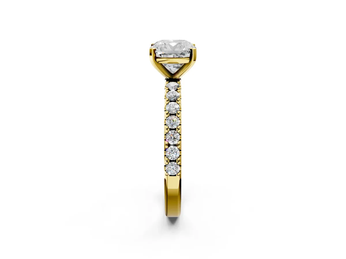 Cushion Cut Diamond Solitaire Pavé Band with Four-Prong Setting Yellow gold