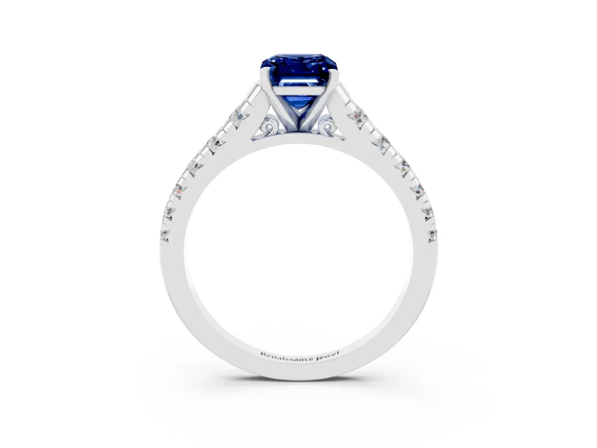 Emerald Cut Blue Sapphire Cathedral Solitaire Ring with Round Pavé Band Silver