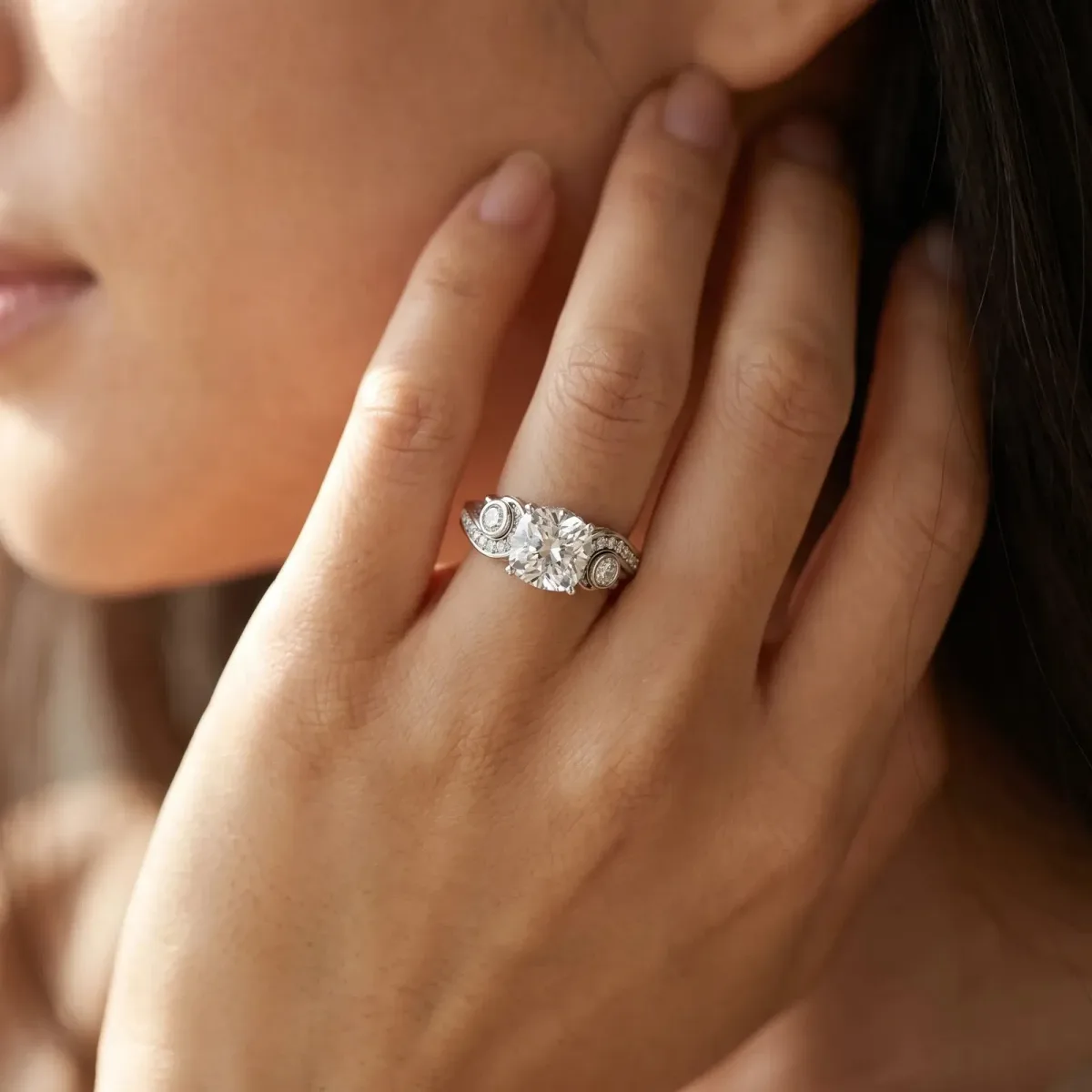 Cushion Cut Diamond Solitaire Ring with Milgrain Pavé Band and Four-Prong Setting Silver