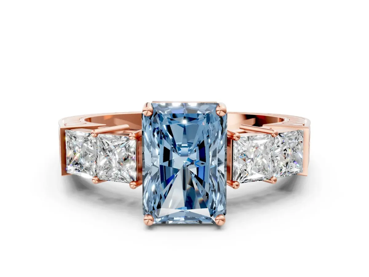 Fancy Blue Radiant Cut Solitaire Princess Side Stone Engraved Band Prong Setting Ring Rose gold