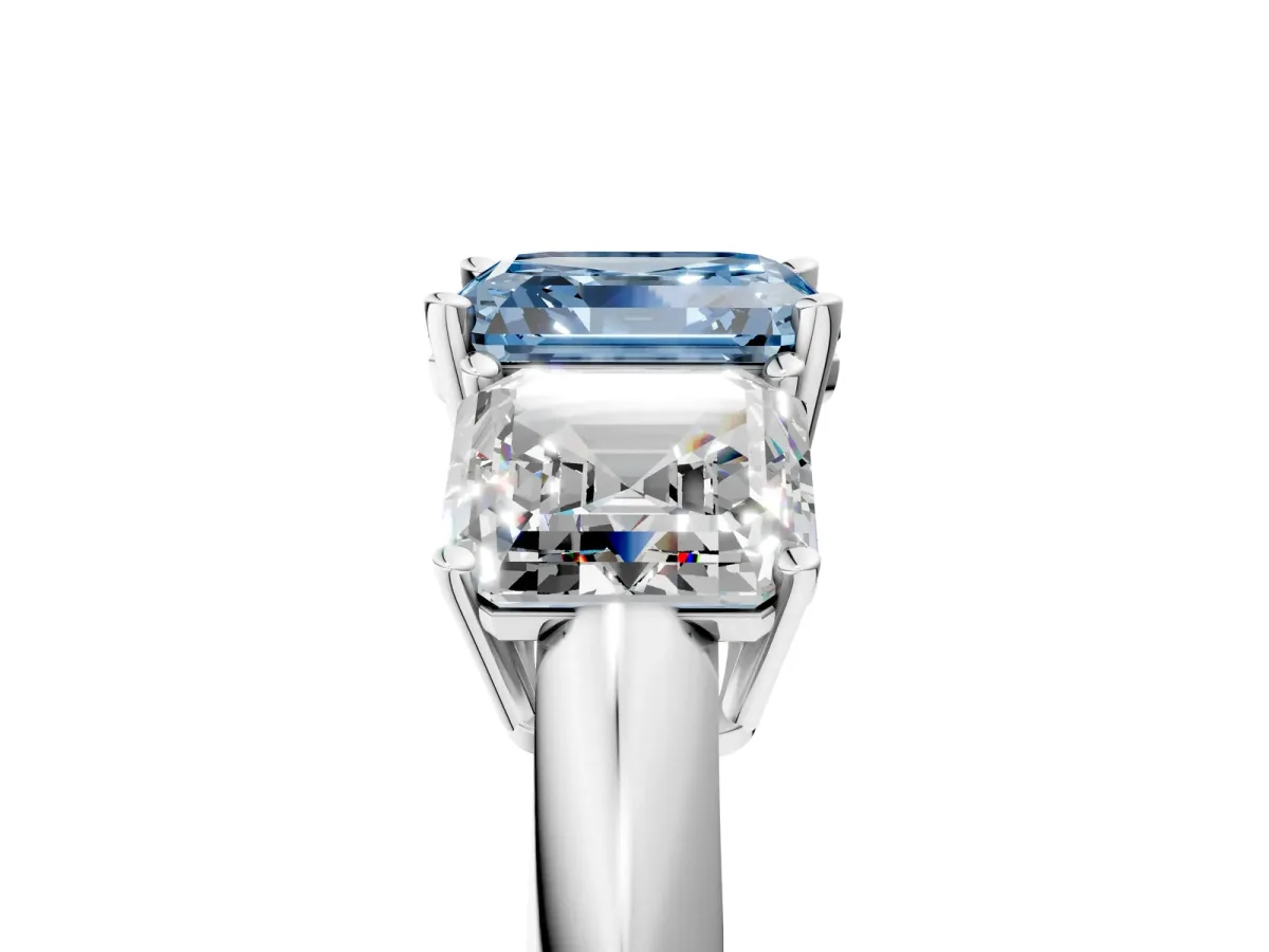 Fancy Blue Three-Stone Asscher Cut Cut Diamond Engagement Ring with Prong Setting on a White Gold Band Silver