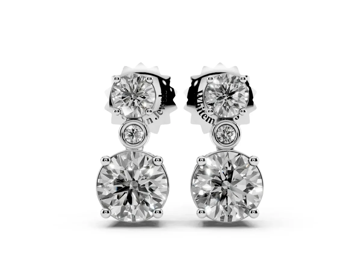 Round Diamond Two Stone Drop Earrings with Bezel Diamond Accent Silver