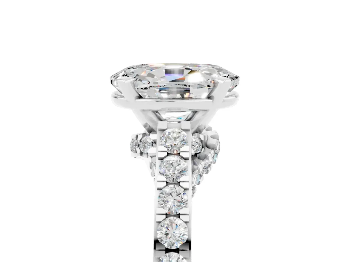 Oval Cut Moissanite Solitaire Ring with Crossover Gallery and Round Pavé Band Silver